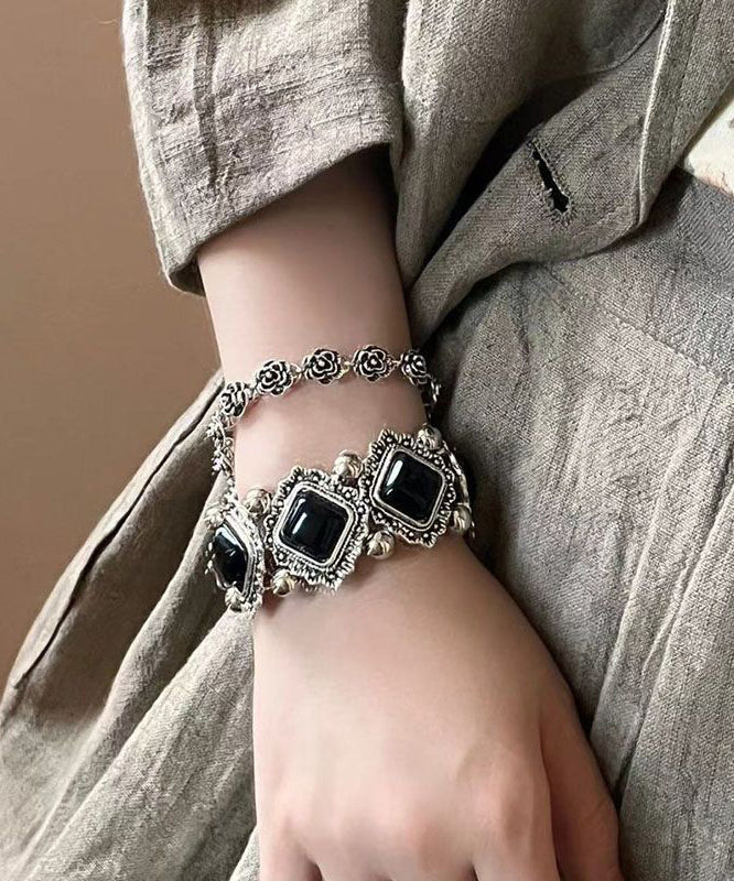 Sterling Gem Stone Set Two-Piece Chain Bracelet Modern Silver Black Floral