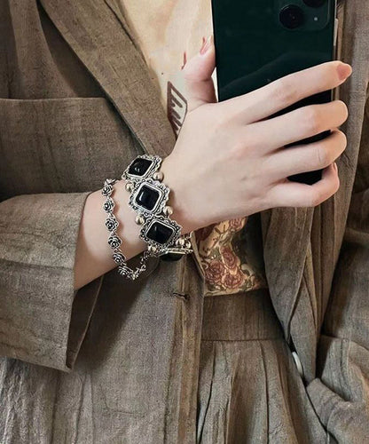 Sterling Gem Stone Set Two-Piece Chain Bracelet Modern Silver Black Floral