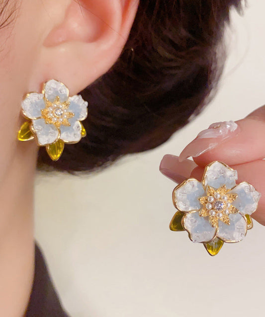 Zircon Pearl Modern Stud Sterling Overgild Camellia Silver Earrings Blue
