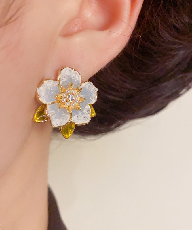 Zircon Pearl Modern Stud Sterling Overgild Camellia Silver Earrings Blue