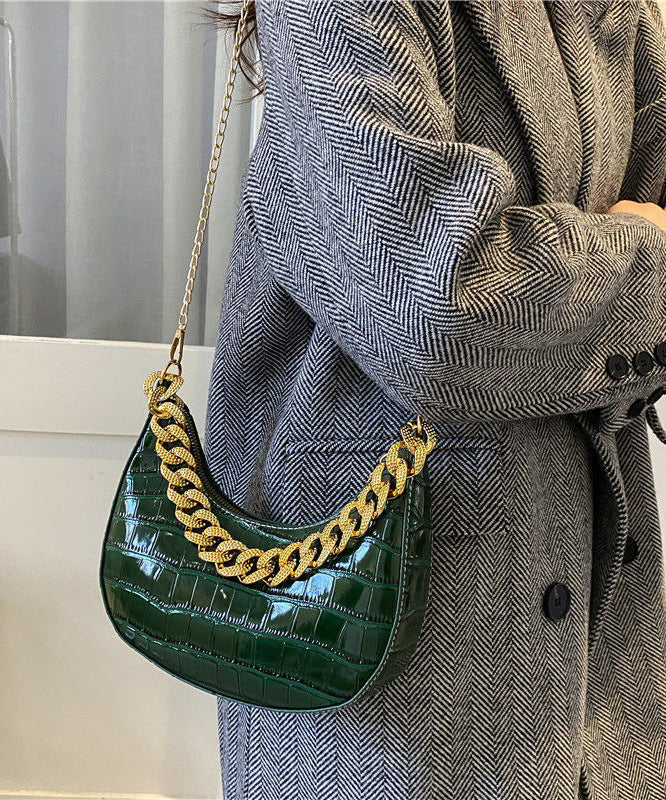 Faux Linked Shoulder Chain Bags Leather Green Modern