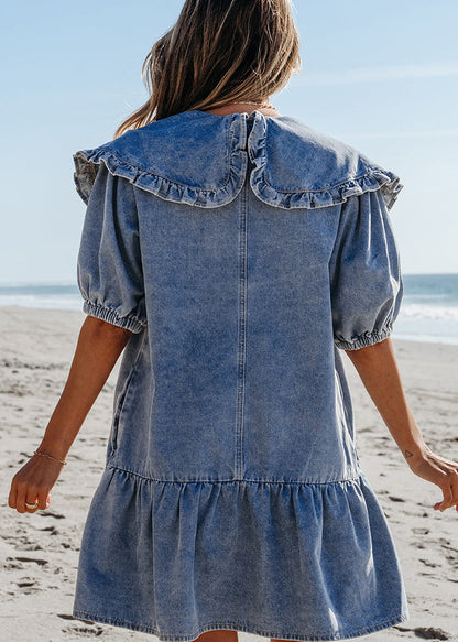 Collar Blue Mid Denim Dresses Sailor Summer Natural Patchwork