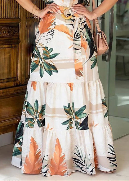 O-Neck Maxi Short Print Sleeve Dresses Tunic Natural