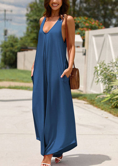 Sleeveless Strap Pockets Navy Solid Spaghetti Long