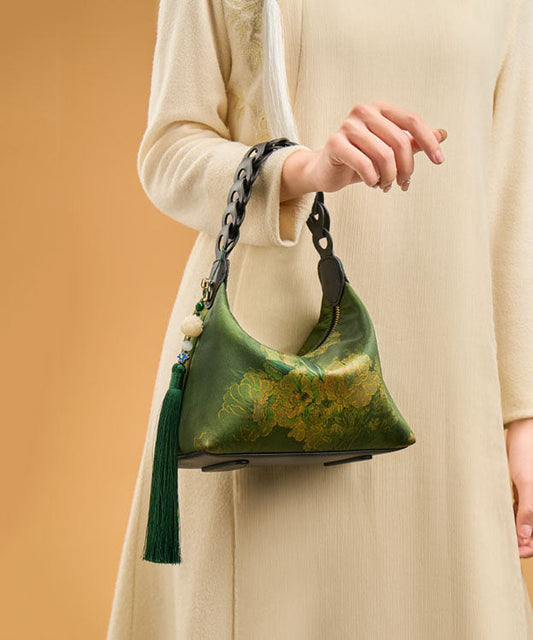 Tote Tassel Green Retro New Print Blackish Bag Silk