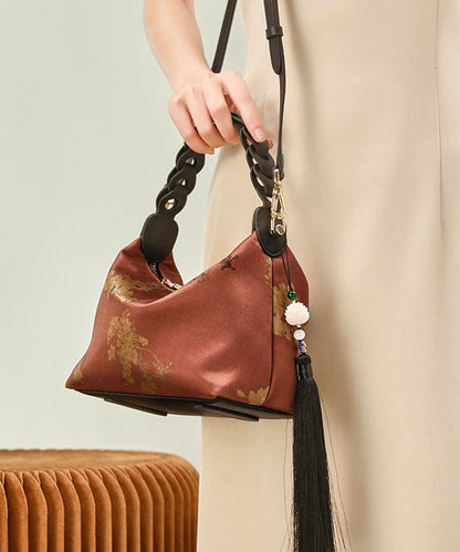 Tote Tassel Green Retro New Print Blackish Bag Silk