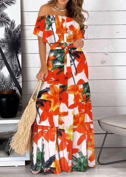 Patchwork Neck Slash Red Dresses Tunic Long Summer Organic