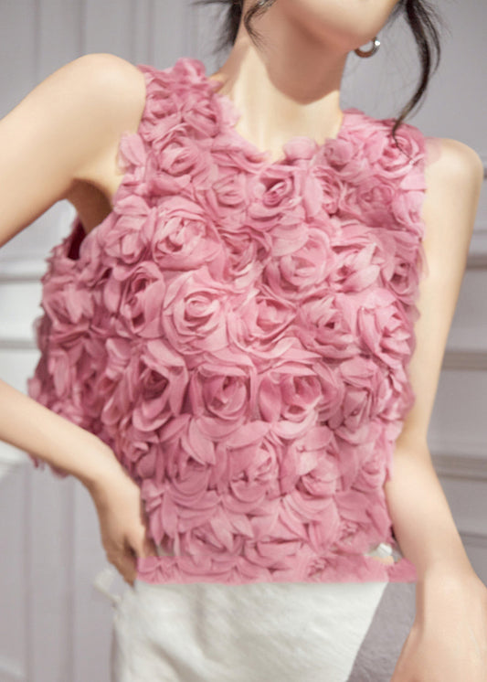 Design Sleeveless Vests Tulle Original Floral Pink