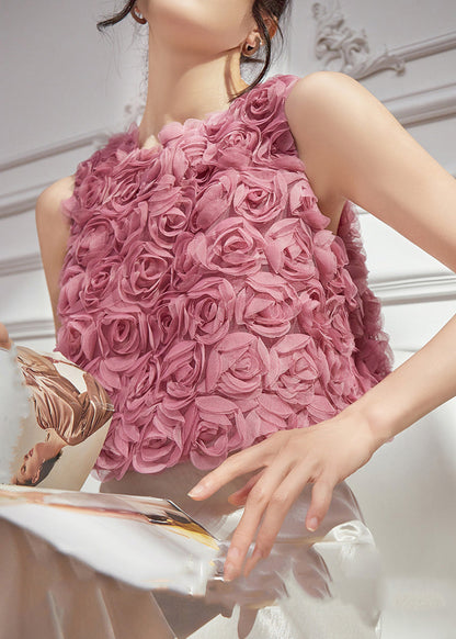 Design Sleeveless Vests Tulle Original Floral Pink
