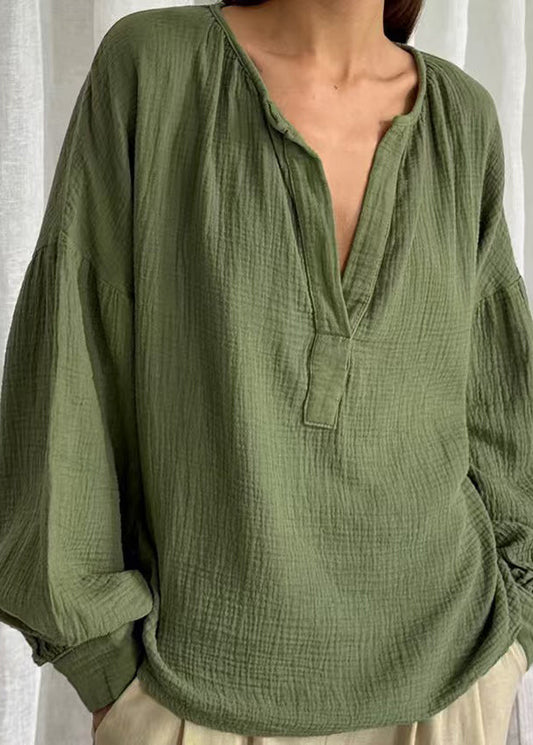 Tops Fall Patchwork V Plus Size Neck Green Solid