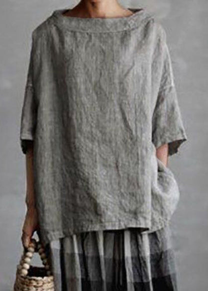 SamplePlus Size Grey O-Neck Solid Patchwork T Shirts Summer