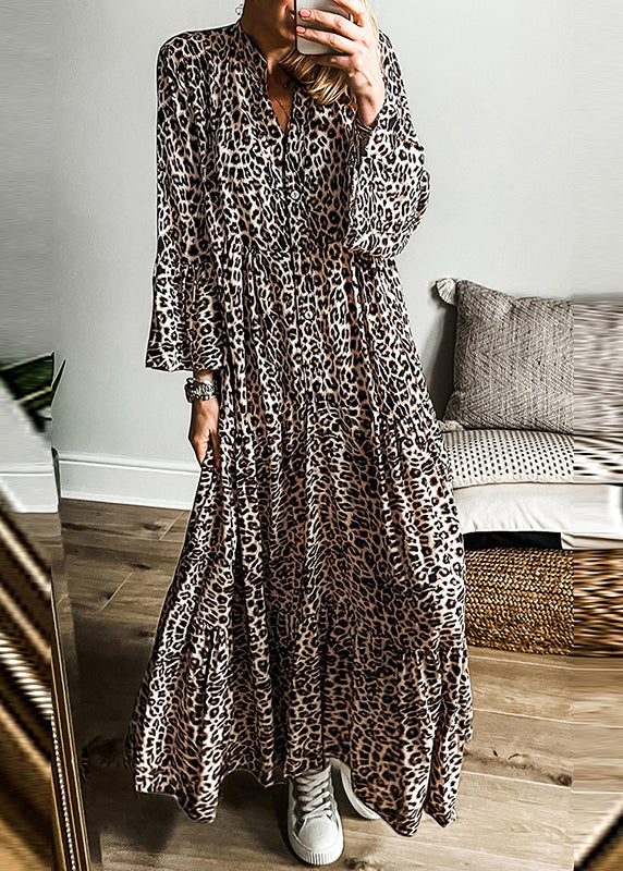 Neck Fall Dress Maxi Leopard Size Plus V Patchwork