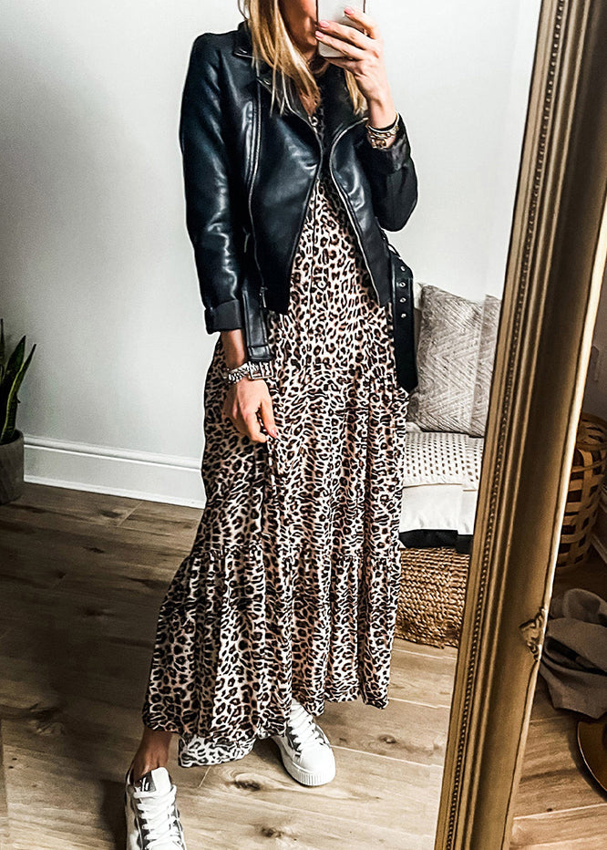 Neck Fall Dress Maxi Leopard Size Plus V Patchwork