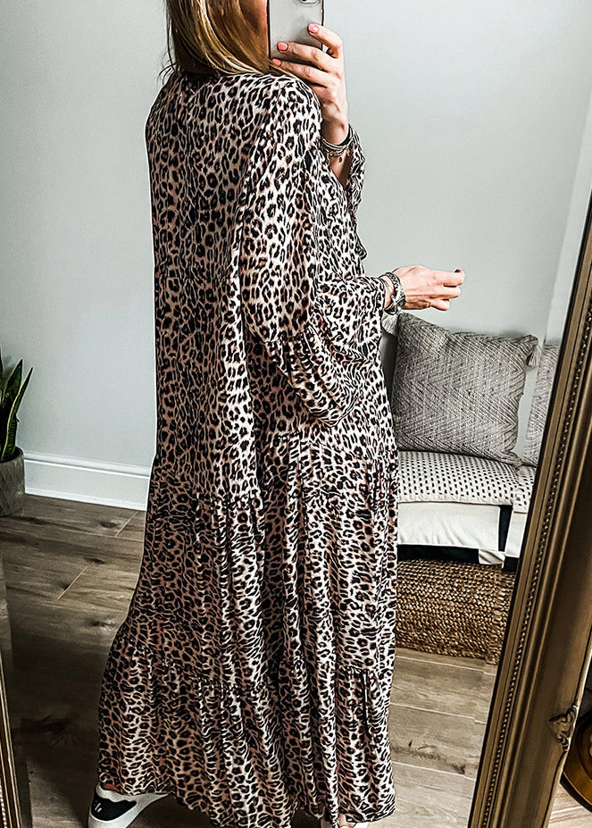 Neck Fall Dress Maxi Leopard Size Plus V Patchwork