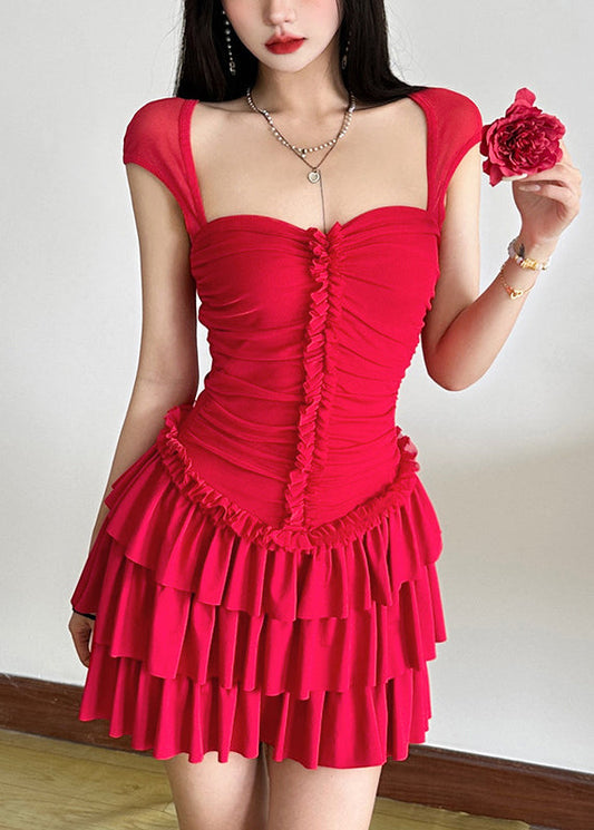 Wholesale SampleRed Ruffled Patchwork Mid Dresses Short Sleeve