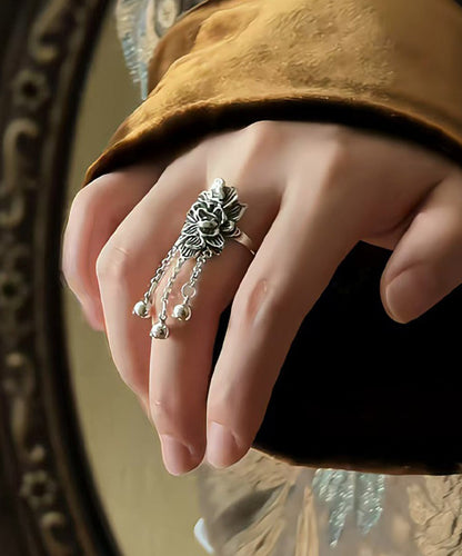 Silver Retro Silk Peony Rings Tassel Sterling