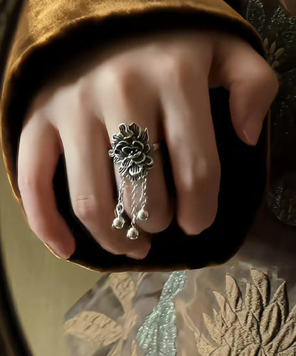 Silver Retro Silk Peony Rings Tassel Sterling