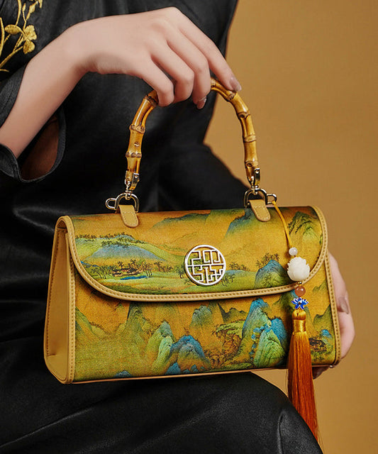 Tote Bag Retro Print Yellow Decorated Tassel Silk
