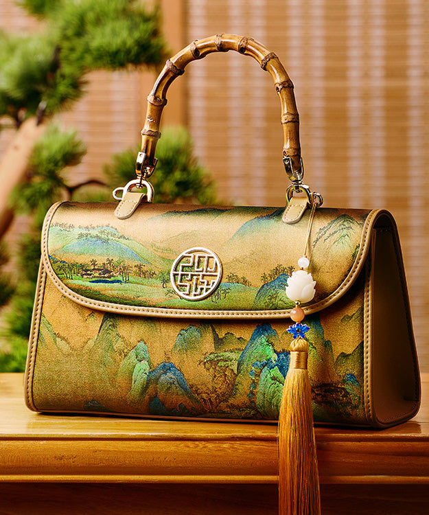 Tote Bag Retro Print Yellow Decorated Tassel Silk