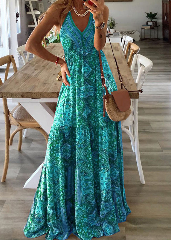 Sleeveless Spaghetti Long Sexy Print Dress V Green Strap Holiday Neck