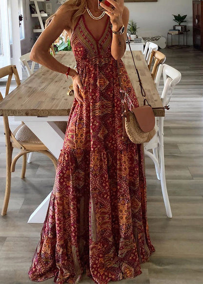 Sleeveless Spaghetti Long Sexy Print Dress V Green Strap Holiday Neck