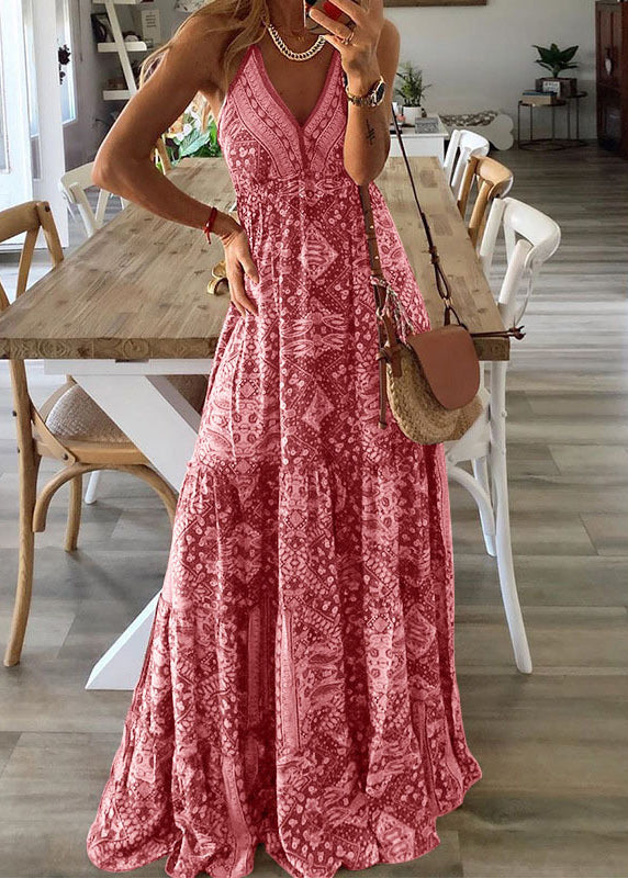 Sleeveless Spaghetti Long Sexy Print Dress V Green Strap Holiday Neck