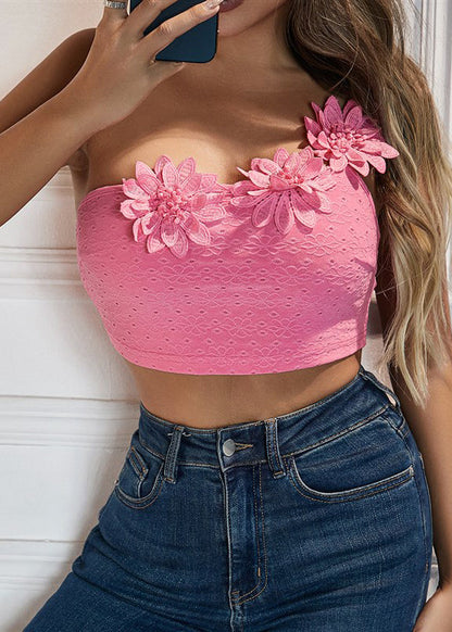 With Shoulder Pink Sexy Camisole Single Top Flower Dimensional