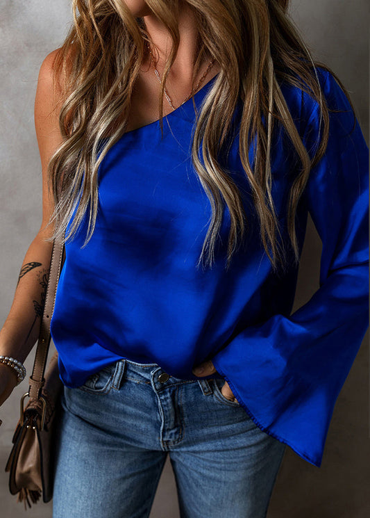 Sexy Fall Blue Asymmetrical Shoulder Royal Tops One
