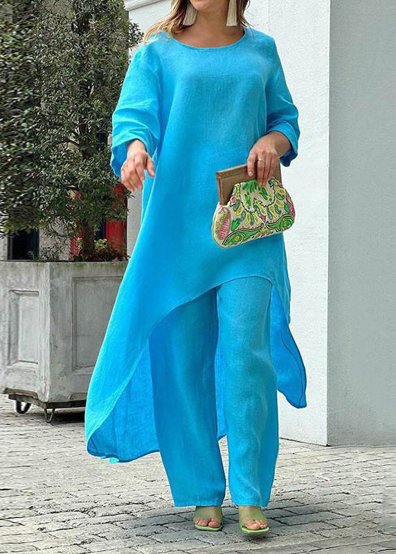 SampleSimple Baby Blue Asymmetrical Patchwork Top And Wide Leg Pants Two Pieces Set Half Sleeve