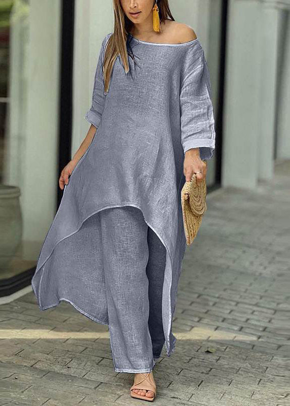 SampleSimple Baby Blue Asymmetrical Patchwork Top And Wide Leg Pants Two Pieces Set Half Sleeve