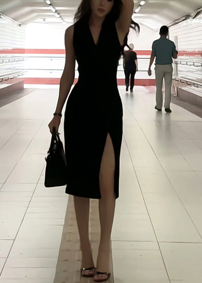 Black Side Slim Sleeveless Maxi V Dresses Neck Spaghetti Fi Open Strap