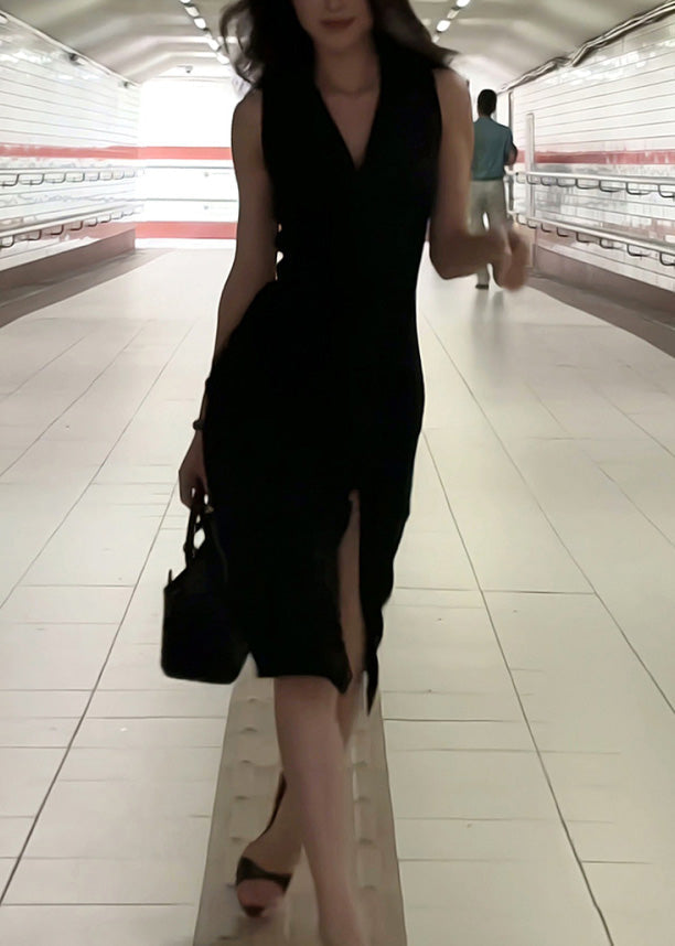 Black Side Slim Sleeveless Maxi V Dresses Neck Spaghetti Fi Open Strap