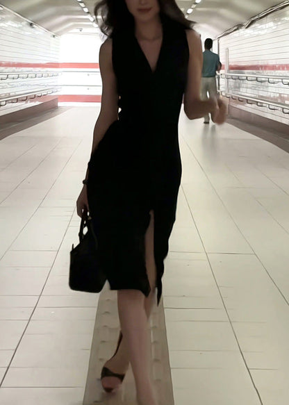 Black Side Slim Sleeveless Maxi V Dresses Neck Spaghetti Fi Open Strap