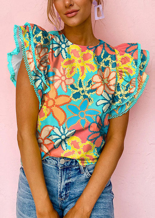 Green T Summer Shirt Ruffled O-Neck Print Style