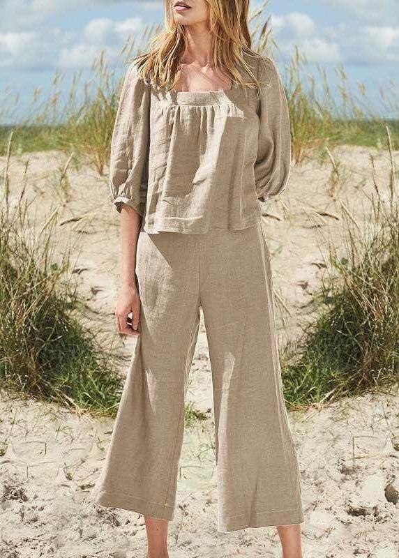 SampleStyle Khaki Square Collar Top And Crop Pants Two Pieces Set Half Sleeve
