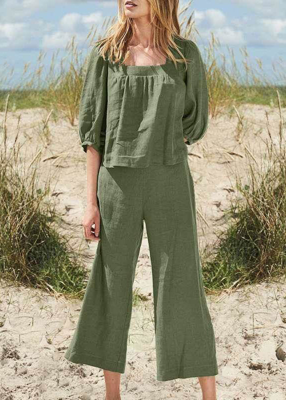 SampleStyle Khaki Square Collar Top And Crop Pants Two Pieces Set Half Sleeve