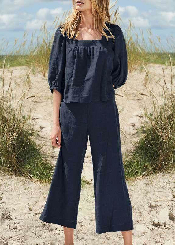 SampleStyle Khaki Square Collar Top And Crop Pants Two Pieces Set Half Sleeve