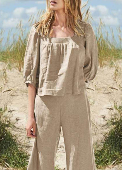 SampleStyle Khaki Square Collar Top And Crop Pants Two Pieces Set Half Sleeve