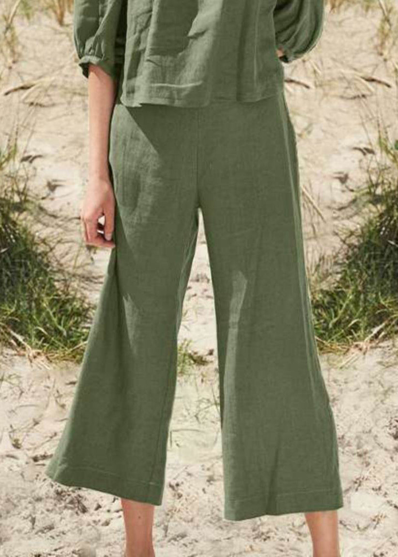 SampleStyle Khaki Square Collar Top And Crop Pants Two Pieces Set Half Sleeve