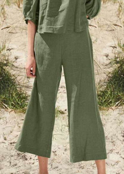 SampleStyle Khaki Square Collar Top And Crop Pants Two Pieces Set Half Sleeve