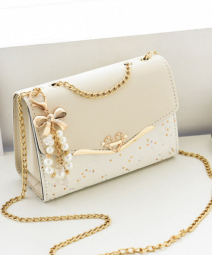 Beige Leather Bag Linked Faux Flap Chain Stylish