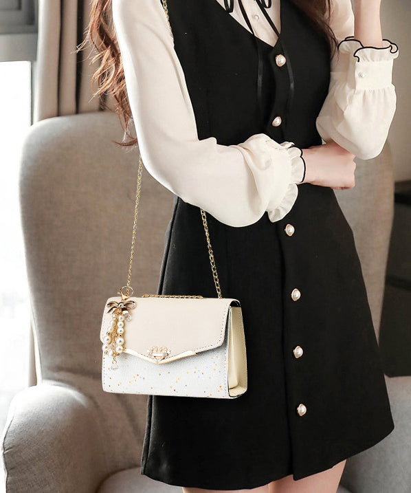 Beige Leather Bag Linked Faux Flap Chain Stylish