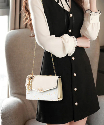 Beige Leather Bag Linked Faux Flap Chain Stylish