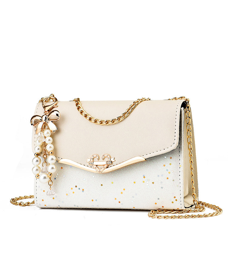 Beige Leather Bag Linked Faux Flap Chain Stylish