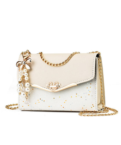Beige Leather Bag Linked Faux Flap Chain Stylish