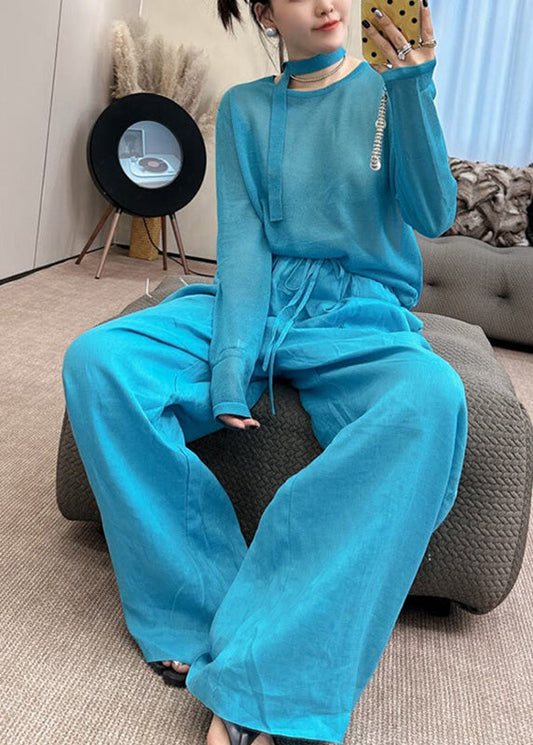 Set Knit And Two Fall Piece Stylish Toop Leg Wide Pants O-Neck Blue