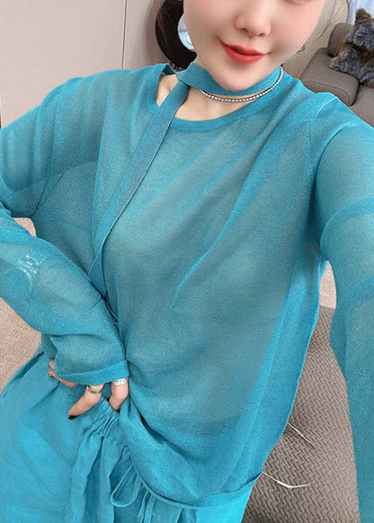 Set Knit And Two Fall Piece Stylish Toop Leg Wide Pants O-Neck Blue