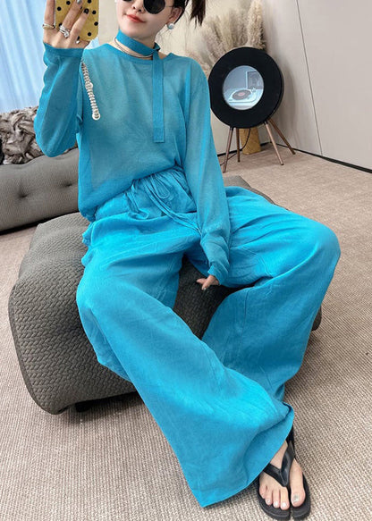 Set Knit And Two Fall Piece Stylish Toop Leg Wide Pants O-Neck Blue