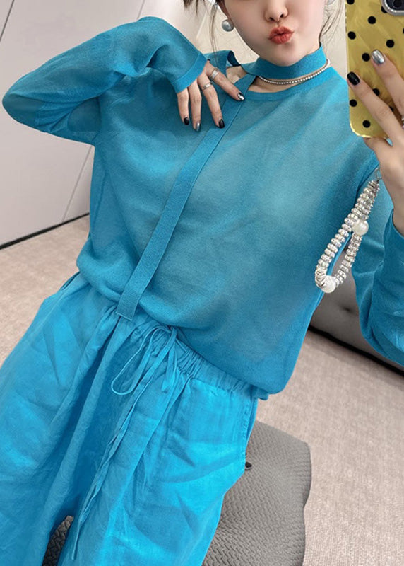 Set Knit And Two Fall Piece Stylish Toop Leg Wide Pants O-Neck Blue
