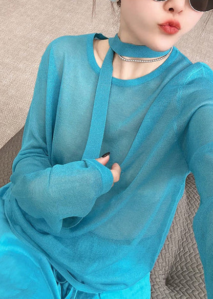 Set Knit And Two Fall Piece Stylish Toop Leg Wide Pants O-Neck Blue